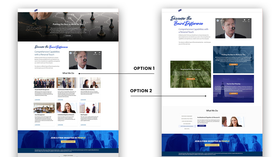 High fidelity mockups of page layouts for Discover the Baird Difference landing page