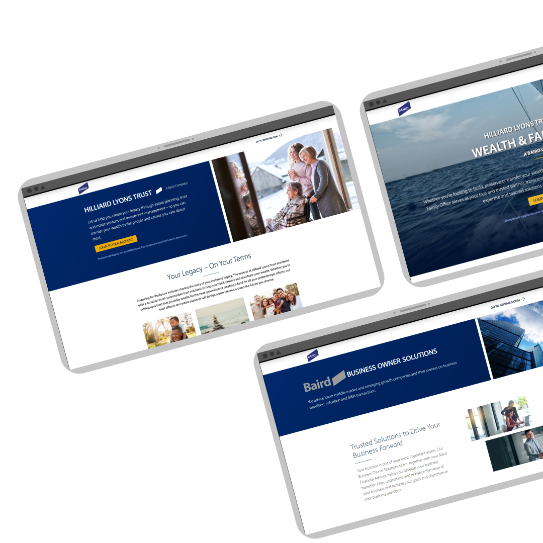 Screenshots of the Hilliard Trust, Wealth and Family Office, and Business Owner Solutions web properties